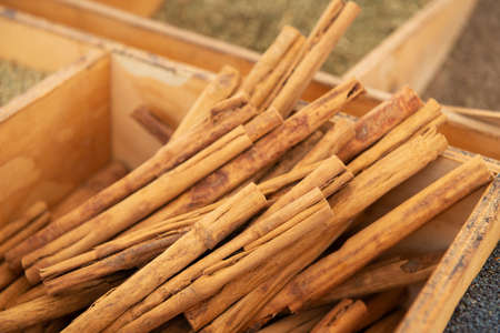 Cinnamon. Spices are solding in outdoor market, Sicily, Italy