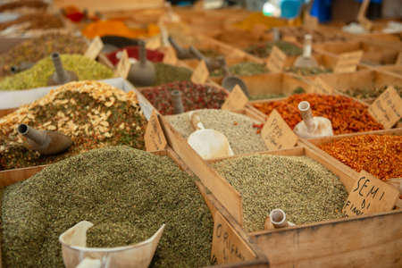 Spices are solding in outdoor market, Sicily, Italy