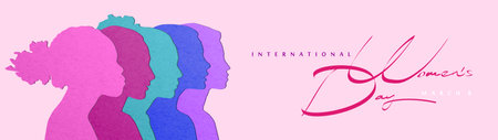 March 8th International Women's Day greeting card with  profiles of multiethnic female faces, vector illustration. 3D papercut diverse culture girl's silhouettes.の写真素材