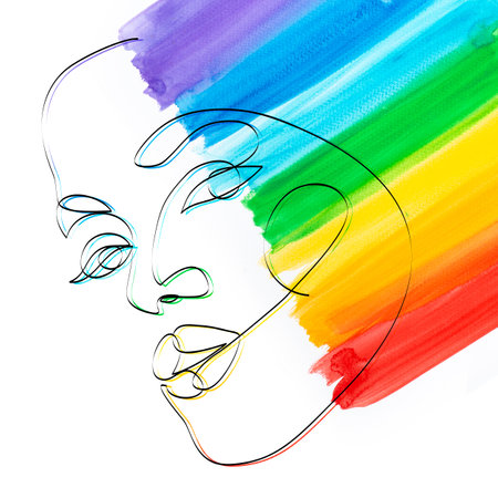 Abstract human face, continuous line style, and hand of vivid rainbow watercolor painting, illustration ideal for t-sirt print, posters, minimalist fashion designの写真素材