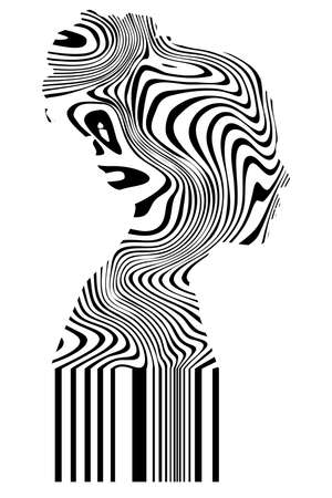African american woman in profile with zebra pattern rolling into barcode, concept vector illustration. Beautiful female faceのイラスト素材