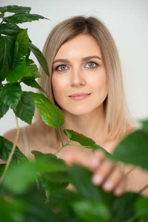 Beautiful calm middle aged woman with green plant, natural light. Anti-aging and beauty treatment.の写真素材