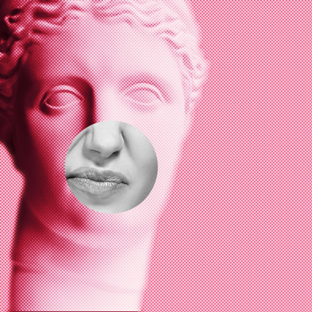 Contemporary collage of plaster statue head in pop art style tinted pink and emotional fashion young woman with dislike or skeptical facial expressionの写真素材