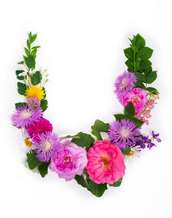 Floral summer font. Concept alphabet design, letter U. Seasonal decorative beautiful type mades of...