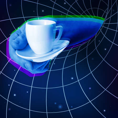 Blue hand with a cup of coffee being drawn by the Black Hole of the Universe or Internet, social media. Provocative modern design. Ð¡ontemporary art collage in trendy urban magazine style.の写真素材