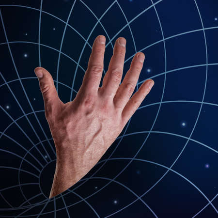 Male hand drowned in the Black Hole of Universe, in social media, virtual reality. Provocative modern design about Internet addiction and request for help, SOS. Ð¡ontemporary art collage, trendy urban magazine style.の写真素材