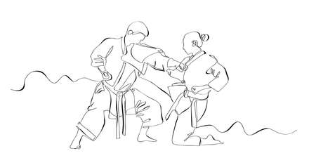 Karate. Fighting man and woman wearing kimono drawing with continuous line, quick sketch, combat and martial arts concept, minimalist vector illustrationのイラスト素材