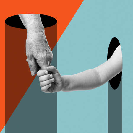 Hands. Grandmother leads her grandson. Modern design with positive context. Continuity of generations, family values, love for neighbors, help and support concept. Ð¡ontemporary art collage, trendy urban minimalistic magazine style.の写真素材