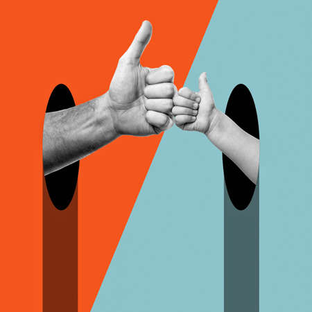 Hands. Father's and child's thumbs up. Modern design with positive context. Continuity of generations, family values, love for neighbors, help and support concept. Ð¡ontemporary art collage, trendy urban minimalistic magazine style.の写真素材