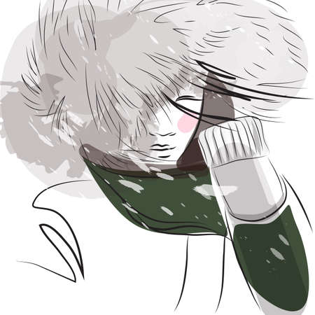 Girl's winter portrait. Hand drawn modern fashion illustration of abstract young beautiful and elegant woman dressed in a winter parka during the snow. Female face.のイラスト素材