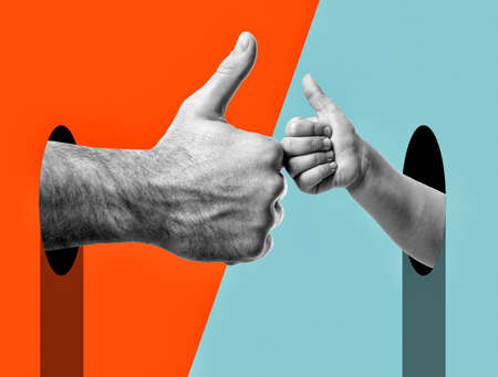 Hands. Father's and child's thumbs up. Modern design with positive context. Continuity of generations, family values, love for neighbors, help and support concept. Ð¡ontemporary art collage, trendy urban minimalistic magazine style.の写真素材