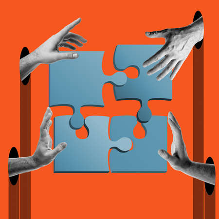 Abstract human hands put together puzzle, contemporary collage. Teamwork, business, collaboration, problem solving concept.の写真素材