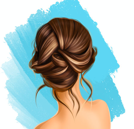 Hairstyle. Stylish women's brown hair, portrait of young gorgeous girl, fashion illustrationの写真素材