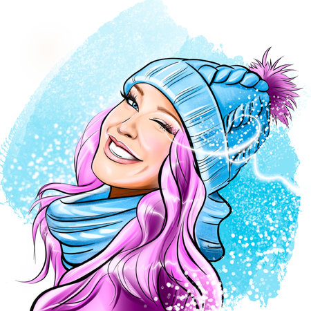 Pop art happy smiling girl with pink hair over blue snow background. Portrait of young beautiful woman, comic cartoon illustrationの写真素材