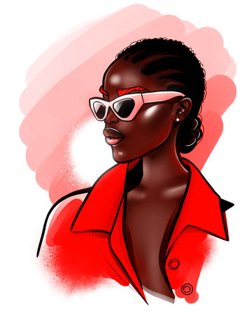 Stylish Girl wearing red french and sunglasses, portrait of young gorgeous stylish African American woman, fashion illustrationの写真素材