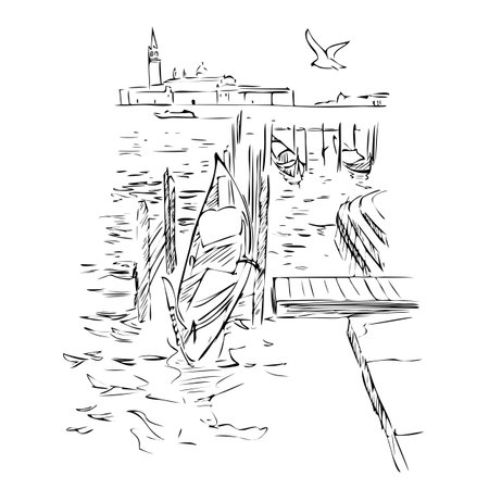 Venice - ancient beautiful Italian city, abstract line art vector illustration, quick sketchのイラスト素材