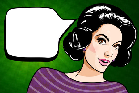 Pop art young beautiful brunette woman with speech bubble and surprised facial expression over vivid green background with rays, retro style stylization, comic vector illustrationの写真素材