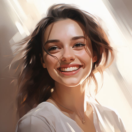 Happy laughing young beautiful woman in the sunshine, face close up. Perfect female smile, high key style. AI generated.の素材