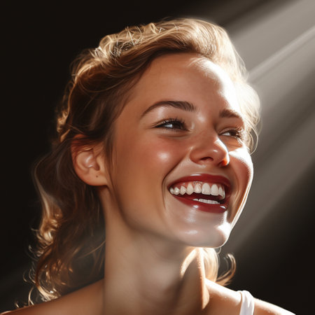 Happy laughing young beautiful woman in the sunshine, face close up. Perfect female smile, high key style. AI generated.の素材