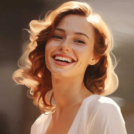 Happy laughing young beautiful woman in the sunshine, face close up. Perfect female smile, high key style. AI generated.の素材