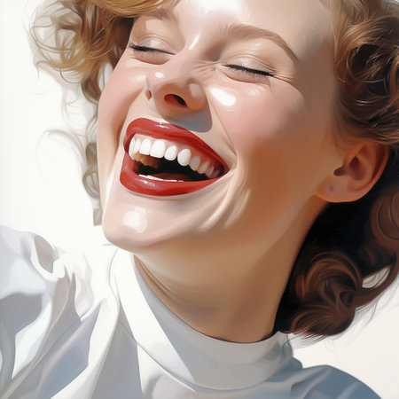 Happy laughing young beautiful woman, face close up. Perfect female smile. AI generated.の素材