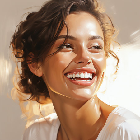 Happy laughing young beautiful woman in the sunshine, face close up. Perfect female smile, high key style. AI generated.の素材