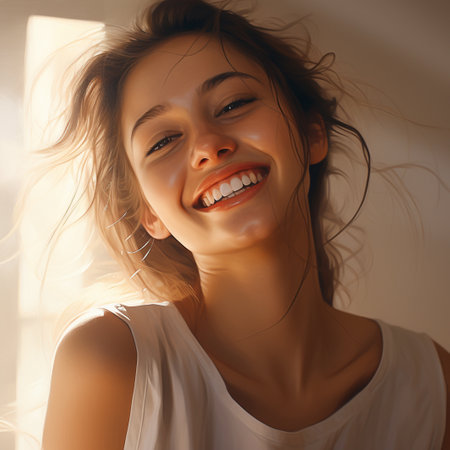Happy laughing young beautiful woman, face close up. Perfect female smile. AI generated.の素材