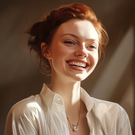 Happy laughing young beautiful woman in the sunshine, face close up. Perfect female smile, high key style. AI generated.の素材