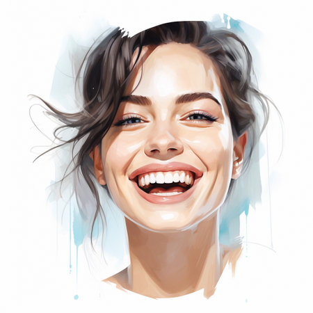 Portrait of a beautiful smiling young woman with hair in the windの素材