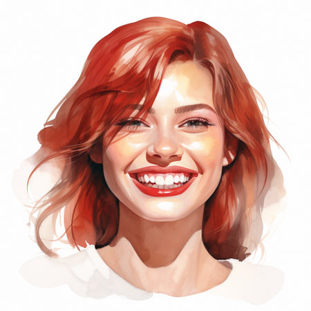 Portrait of beautiful smiling young woman with red hair. Digital painting.の素材