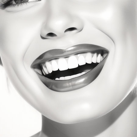 Close-up portrait of a beautiful smiling woman with white teeth.の素材