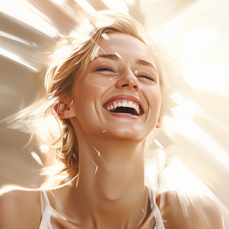 Portrait of a happy young woman laughing on a white background.の素材