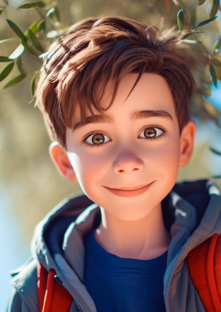 Close up portrait of a cute boy with big eyes looking at cameraの素材