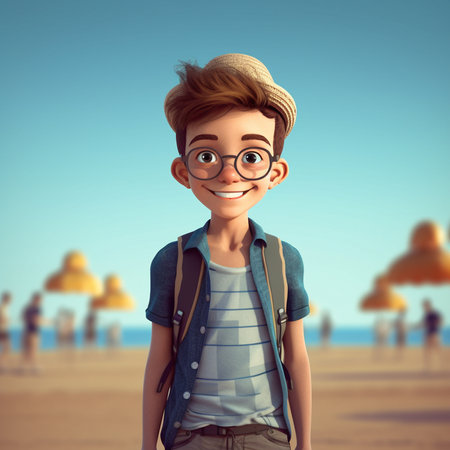 Portrait of a boy with backpack and glasses on the beach.の素材