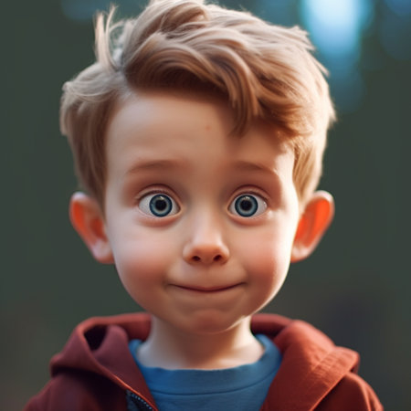 Portrait of a cute little boy in a red jacket with blue eyesの素材
