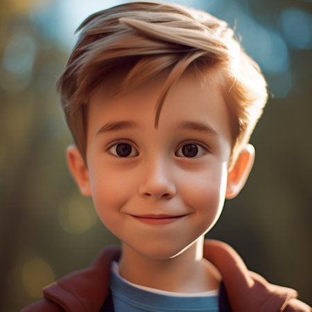 Portrait of a cute little boy in the park. The boy is smiling.の素材