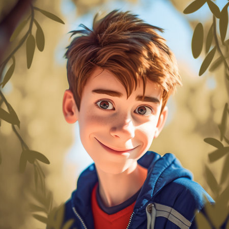 Portrait of a boy on a background of green leaves in a parkの素材