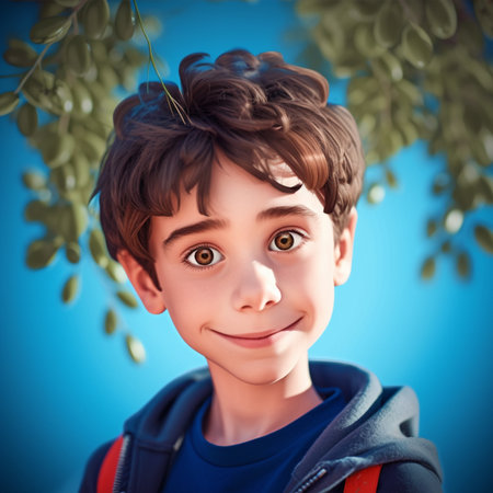 Portrait of a boy on a background of green foliage. A boy with a backpack.の素材