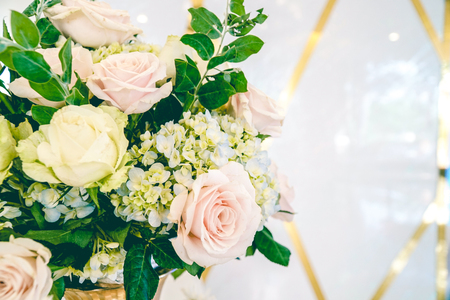 Wedding Welcome table with luxury decoration with rose flowerの写真素材