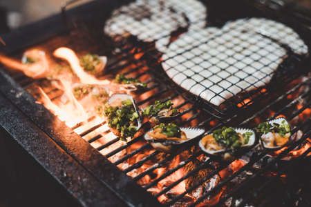 Street food at night in Vietnam | Ember stove in the winter night | Seafood bbq