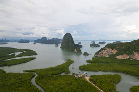Aerial View of Phang Nga bay with mangrove tree forest and hills in the Andaman sea, Thailandの写真素材