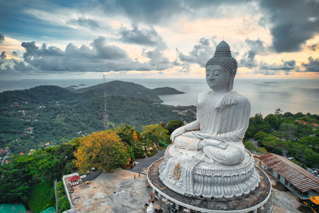High angle view of the Big Buddha in the evening various colors of the sky It's almost dusk, Phuket, Thailand.の写真素材