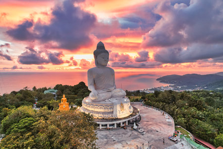 High angle view of the Big Buddha in the evening various colors of the sky It's almost dusk, Phuket, Thailand.の写真素材