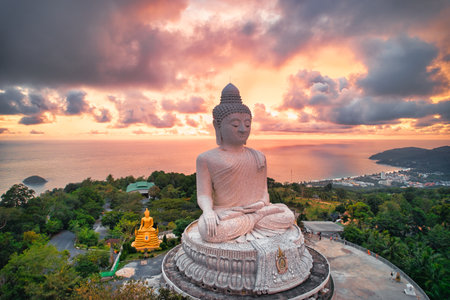 High angle view of the Big Buddha in the evening various colors of the sky It's almost dusk, Phuket, Thailand.の写真素材