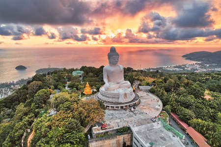 High angle view of the Big Buddha in the evening various colors of the sky It's almost dusk, Phuket, Thailand.の写真素材