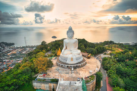 High angle view of the Big Buddha in the evening various colors of the sky It's almost dusk, Phuket, Thailand.の写真素材