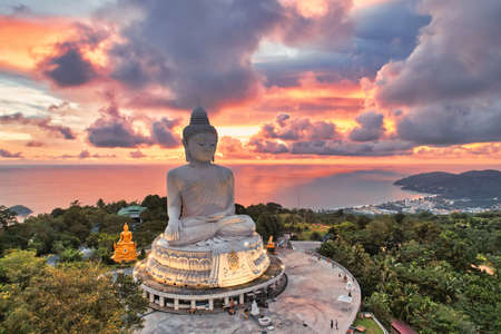 High angle view of the Big Buddha in the evening various colors of the sky It's almost dusk, Phuket, Thailand.の写真素材