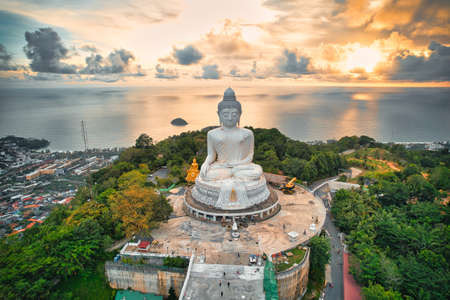 High angle view of the Big Buddha in the evening various colors of the sky It's almost dusk, Phuket, Thailand.の写真素材