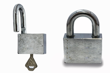 Old master key rusty and key lock on white background