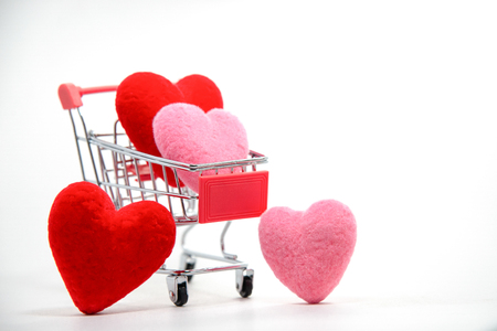 Hearts in shopping cart isolated on white background,Valentine day.の写真素材
